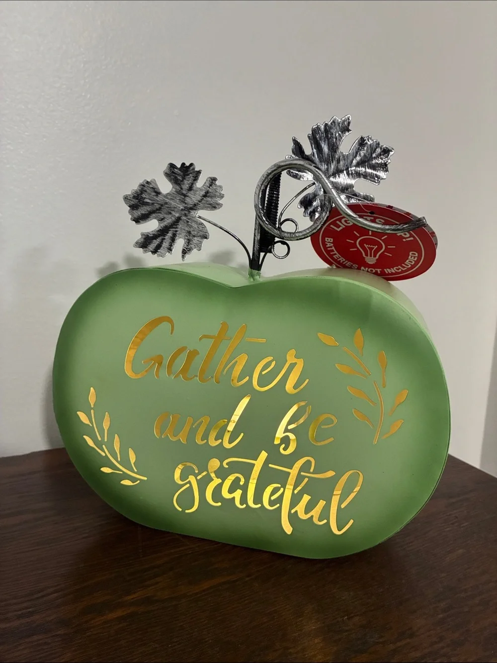NWT- LED Light Up- Gather And Be Grateful Metal Pumpkin w/ Metal Leaves